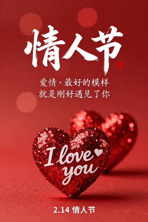 艺术字体设计素材：浪漫红调：2.14情人节艺术字与心形装饰