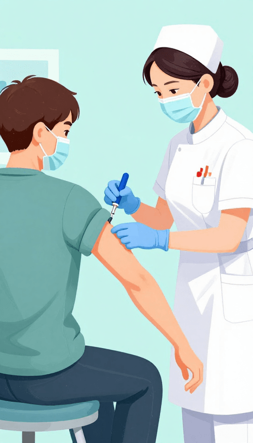 健康教育素材：温馨医疗插画：护士为病患注射