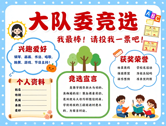卡通插画风格素材：童趣竞选海报：红蓝多彩的大队委招募