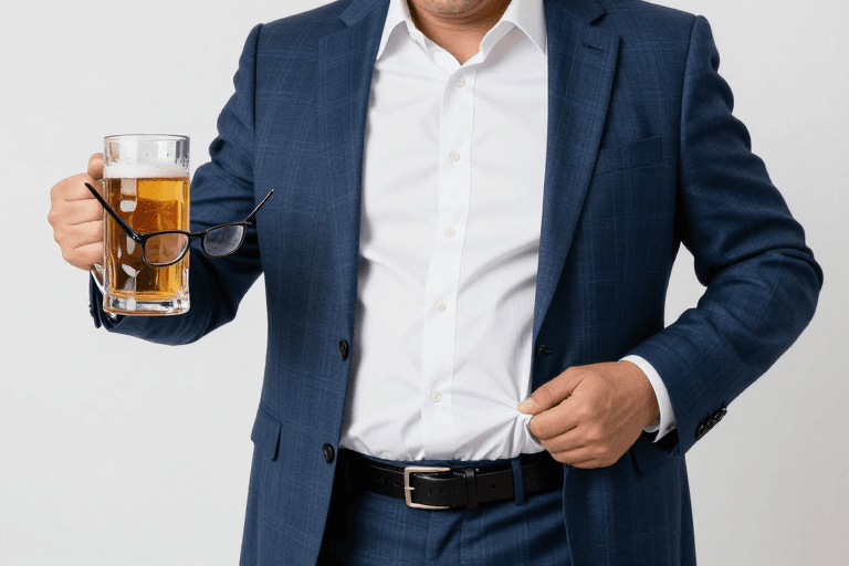 啤酒杯素材：中年西装下的啤酒秘密：健康警示与职场自嘲