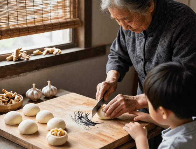 家庭温馨素材：姜蒜嵌玉馒头，枯笔绘暖冬