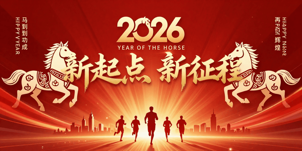 企业年会素材：2026企业年会海报：新起点新征程，马到功成再辉煌