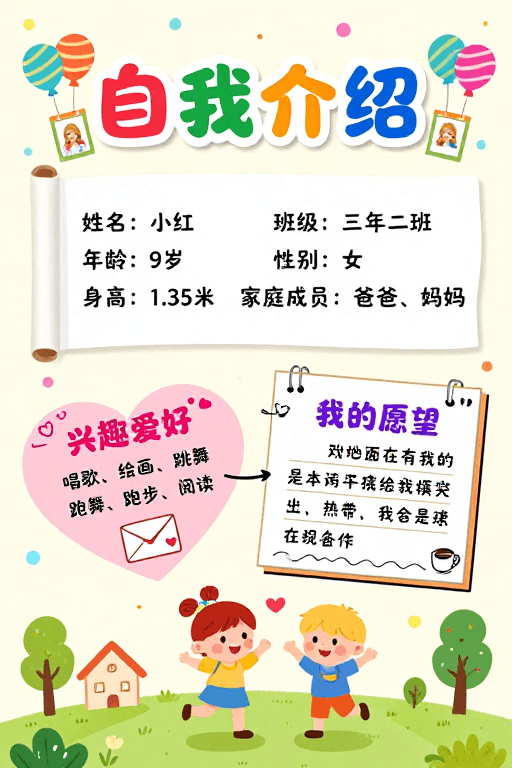 自我介绍海报素材：童趣温馨：儿童手账风格自我介绍海报设计