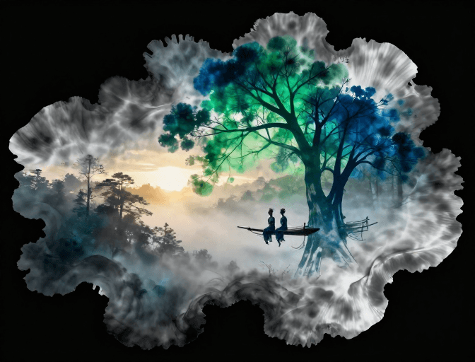 抽象插画素材：雾中民族对唱：水墨超现实梦幻森林