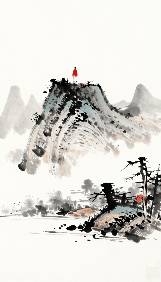 水墨山水素材：飞笔水墨山水人 红黑白留白意境