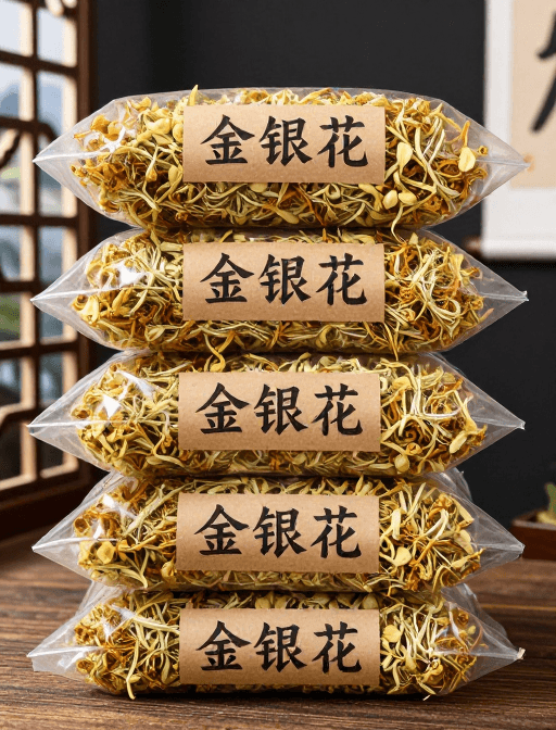 摄影实拍素材：透明袋装金银花展示：自然纯净品质保证