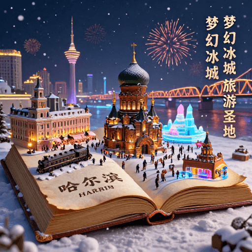城市微缩素材：古羊皮书中的哈尔滨梦幻冰雪夜景