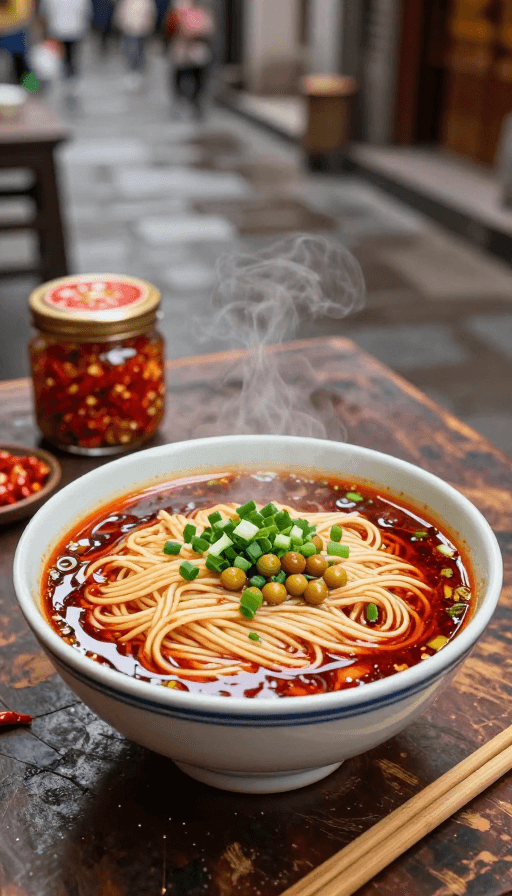 美食摄影素材：重庆小面特写：热气腾腾的市井美味