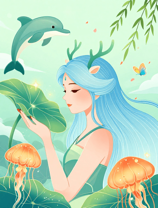 扁平手绘素材：国潮美妆：梦幻少女与自然共舞