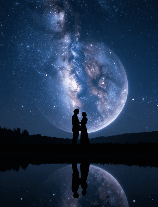 湖面倒影素材：星河恋曲：爱心星辰下的牛郎织女背影