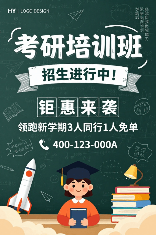 手绘风格素材：手绘风考研培训海报：学术氛围浓厚，招生进行中