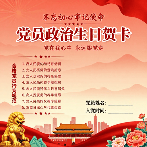 党员政治生日素材：党员政治生日贺卡：庄严喜庆的红色党政纪念海报