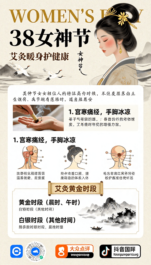 传统美学素材：典雅国风·中医艾灸女神节养生海报