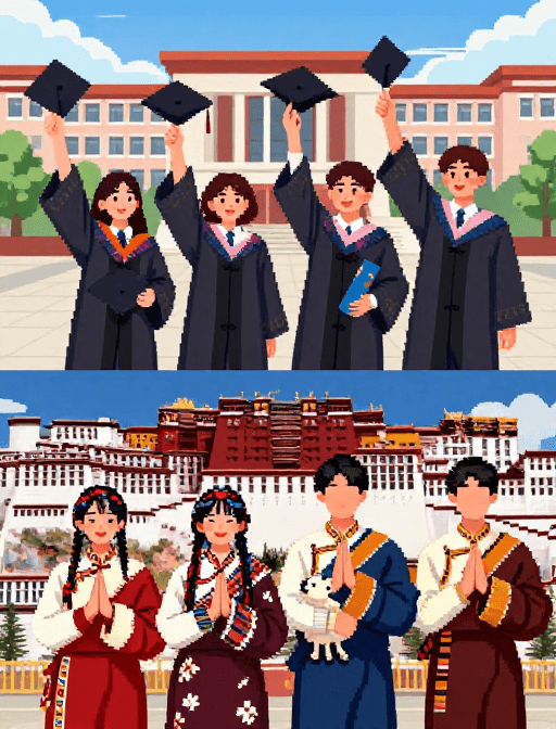藏族文化素材：像素风插画：校园毕业与西藏之旅