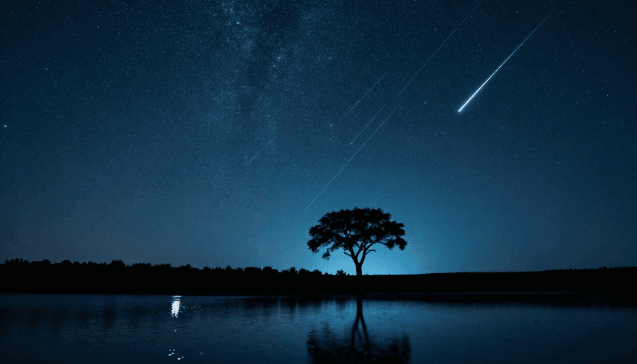 渐变天空素材：静谧夜空：星河与孤树倒影的诗意画卷