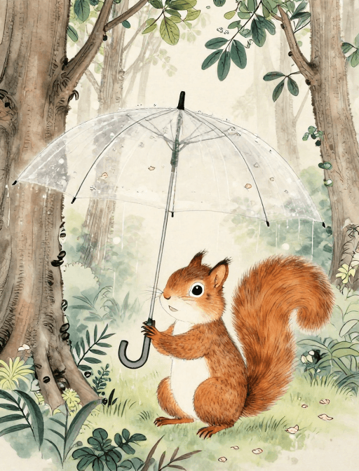 小松鼠素材：雨滴轻吻森林：拟人松鼠持透明花伞的工笔画