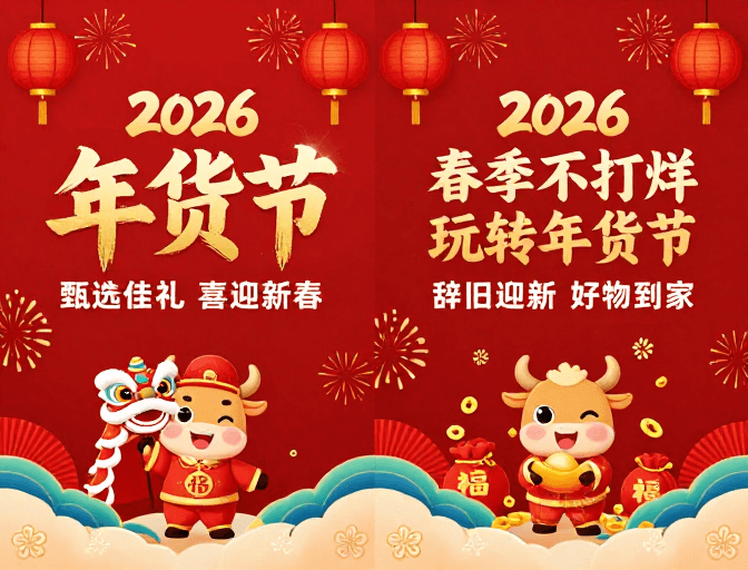 传统节日素材：2026年货节：喜庆中国风新春宣传海报