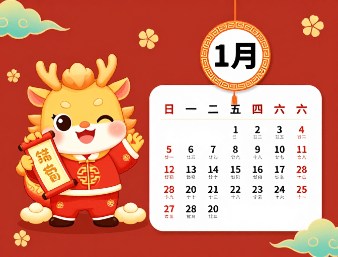 新年主题素材：喜庆红金中国风新年日历插画