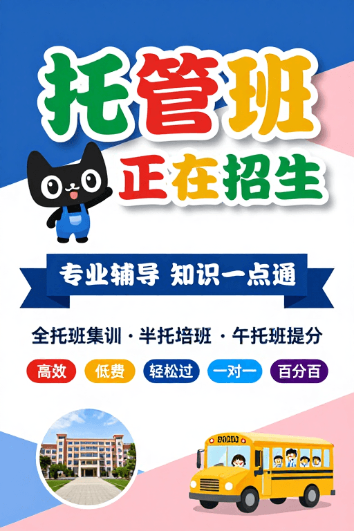 托管班招生素材：现代扁平风托管班招生海报，活泼醒目设计