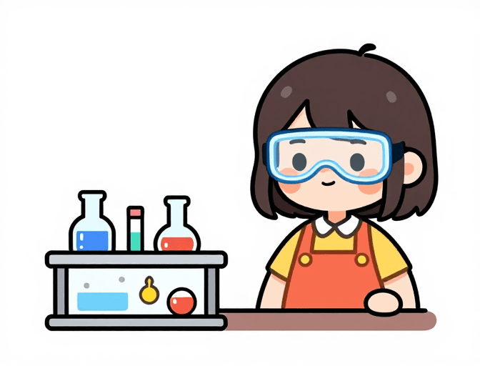 明亮色彩素材：趣味科学实验：戴护目镜女孩的可爱卡通插画