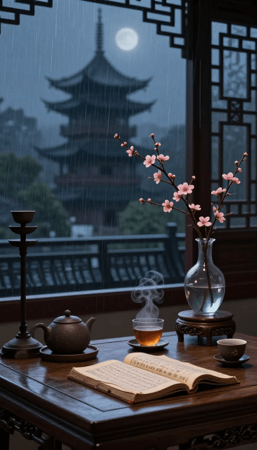 静物摄影素材：雨夜古塔书茶静照