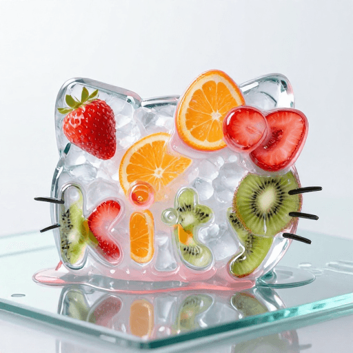 3D立体效果素材：晶莹冰块水果构成Kitty品牌Logo，清新凉爽质感