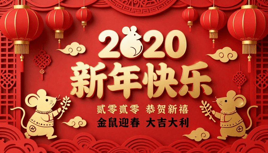 传统纹样素材：2020新春佳节·红金配色中国风鼠年海报