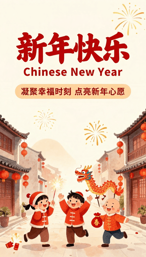 温暖色调素材：暖调手绘中国新年贺卡：童趣与喜庆交织