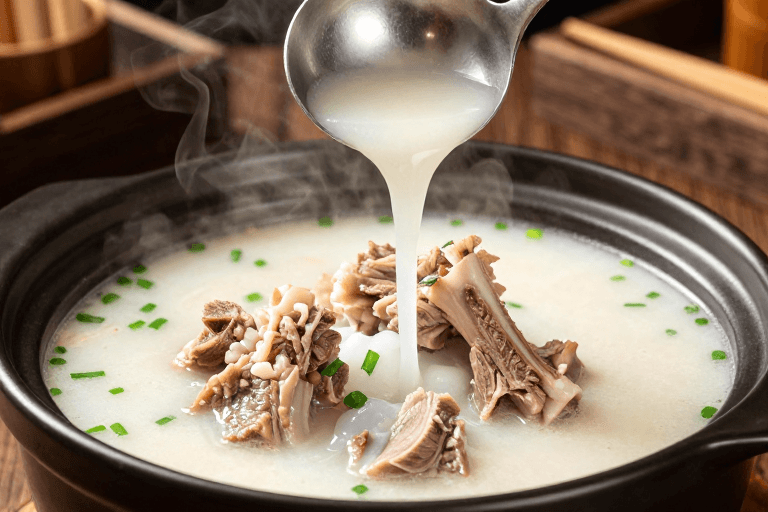 高清细节素材：羊骨汤特写：暖光下的醇厚美味