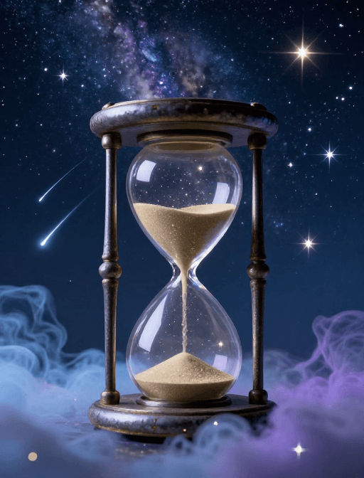 数字绘画素材：超写实沙漏与星空：宇宙时间的梦幻象征