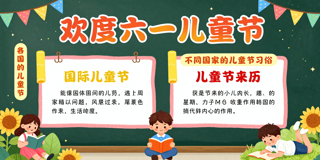 校园文化素材：六一儿童节庆祝：黑板背景的多彩童趣氛围