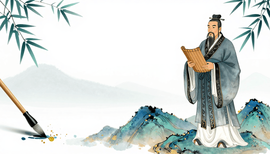 传统插画素材：水墨风孔子形象与青蓝山峦的雅致意境