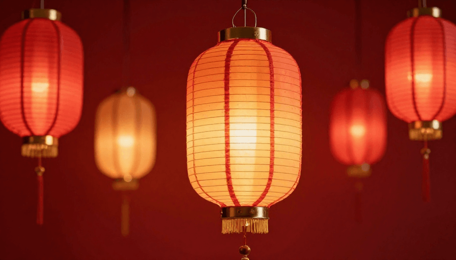 传统装饰素材：中式红灯笼悬挂深红渐变背景暖光营造节日氛围