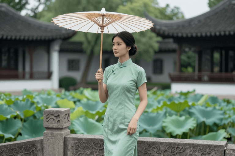 古风人像素材：浅绿旗袍与白伞下的江南静美：传统文旅摄影