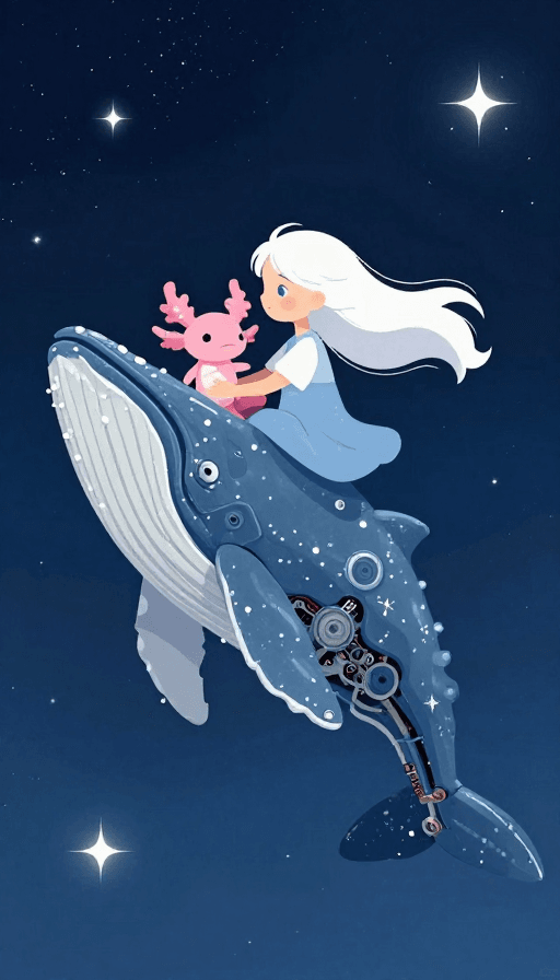星空背景素材：机械鲸鱼悬浮夜空，梦幻绘本风小男孩冒险