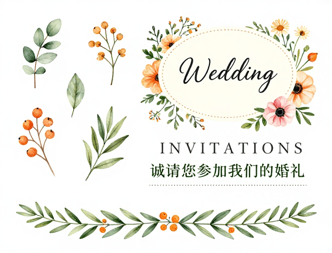 简约装饰素材：清新水彩婚礼邀请函设计，自然植物主题
