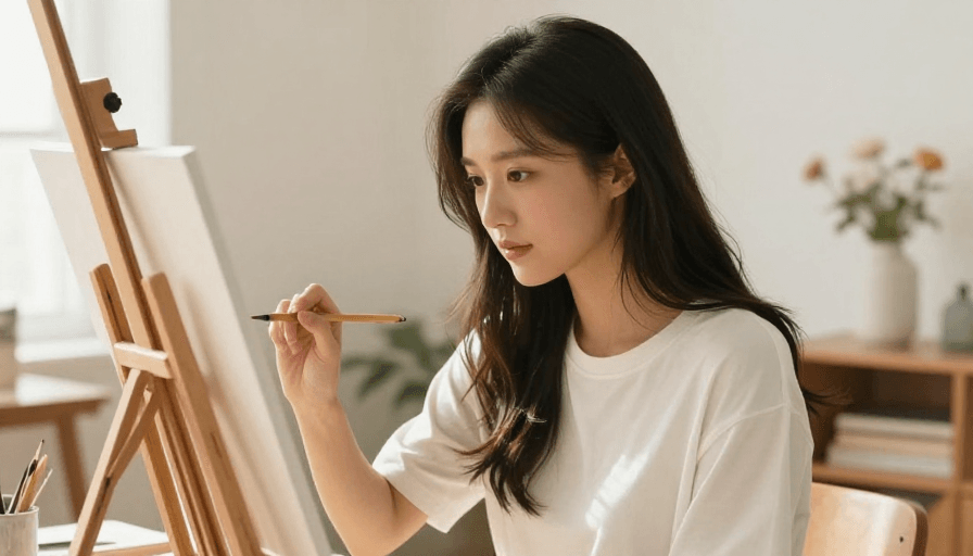 绘画创作素材：专注创作的美丽女画家摄影瞬间