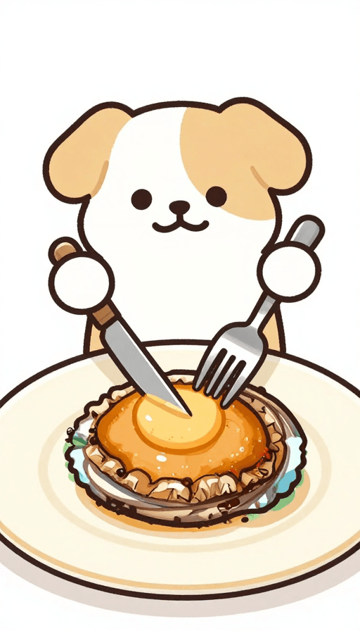 拟人化动物素材：萌犬切鲍鱼：创意美食拟人插画