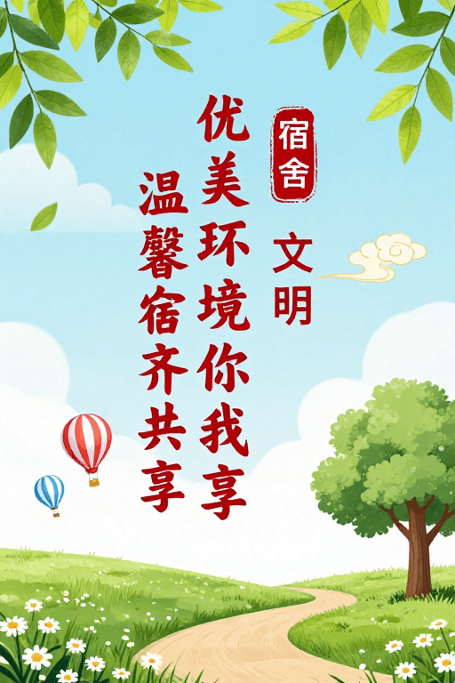 清新插画素材：清新校园文明海报：优美环境与温馨宿舍共筑