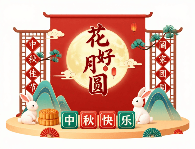 玉兔元素素材：中式中秋喜庆插画：花好月圆团圆主视觉海报