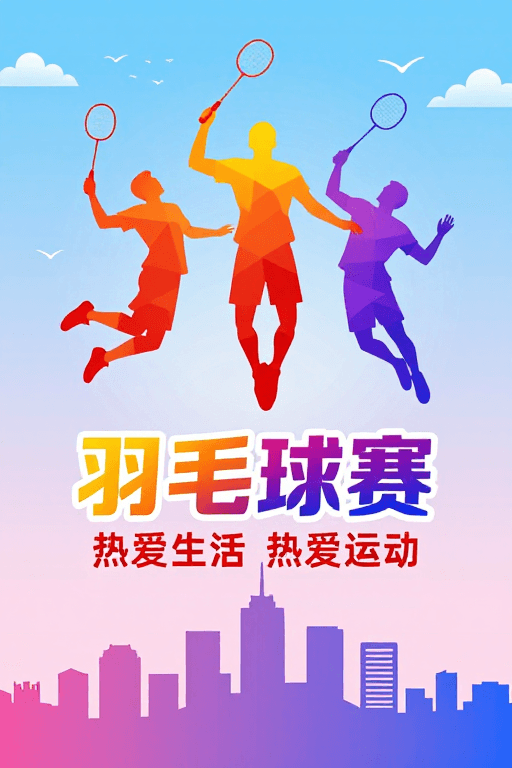 暖色调设计素材：活力跃动：低多边形风格羽毛球赛事海报