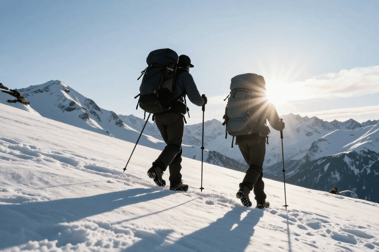 登山者素材：逆光雪域攀登：剪影登山者的壮丽征途
