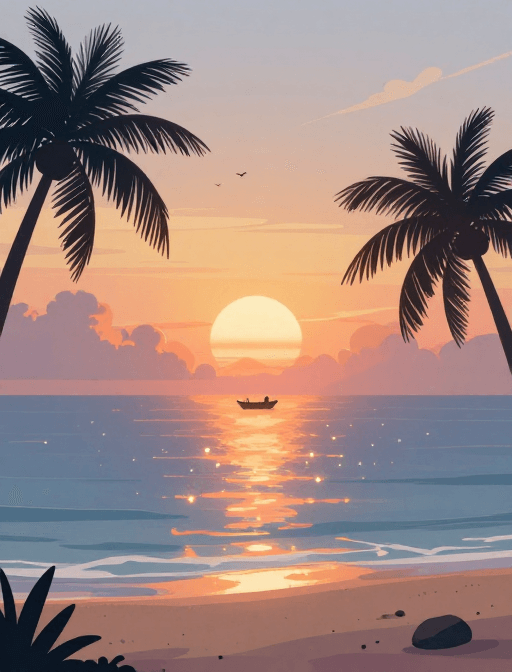 插画风素材：梦幻海上日落：发光水面与孤舟的插画意境