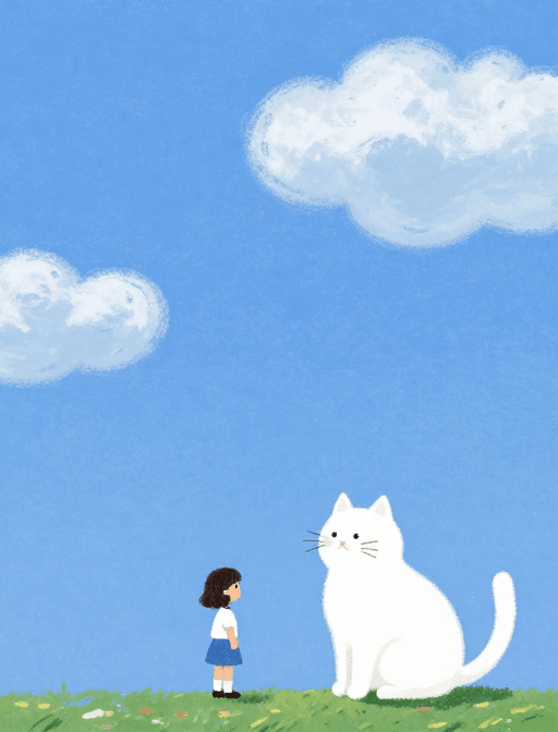 小女孩与猫素材：治愈系：莫奈风下的女孩与白猫