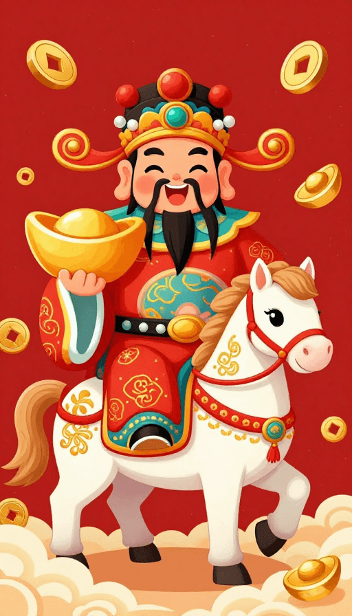 卡通设计素材：国潮财神插画：喜庆富贵吉祥