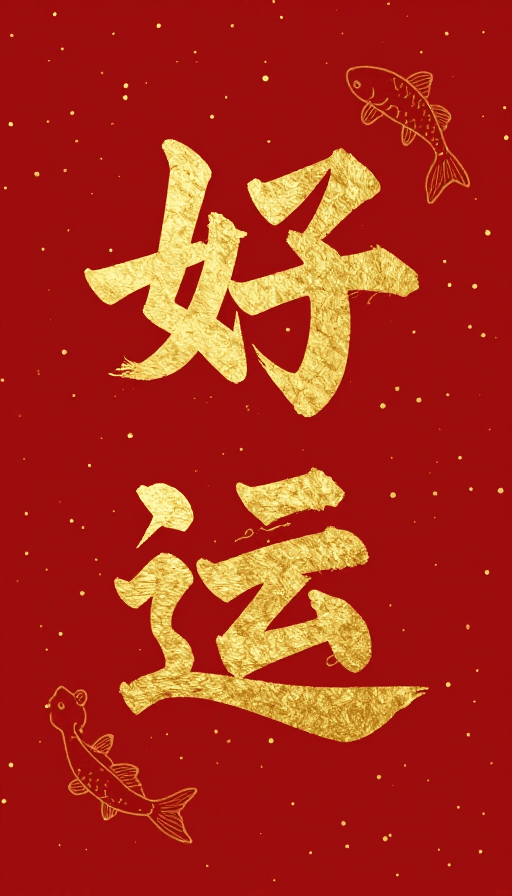 好运素材：好运锦鲤：宝相花金箔书法与中式美学融合