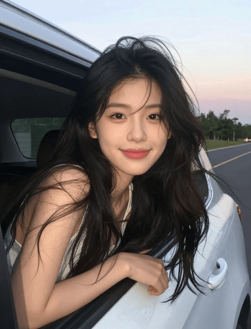 头像素材素材：夏日傍晚行车瞬间：黑色长发随风飘舞的甜美写真