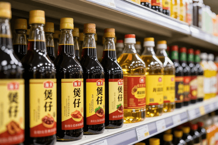 浅景深构图素材：海天酱油与调味品高清产品展示：明亮货架上的暖光细节