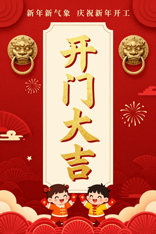 新年开工素材：金红中国风新年开工大吉海报