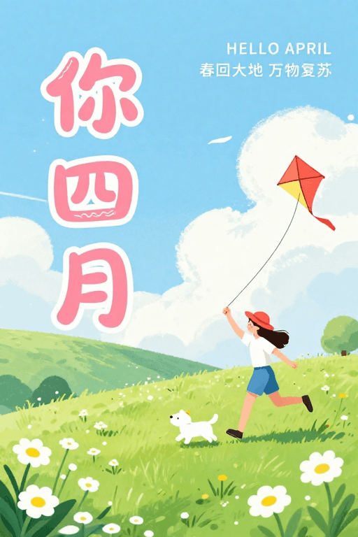 扁平化风格素材：你好四月 | 治愈系春日插画海报